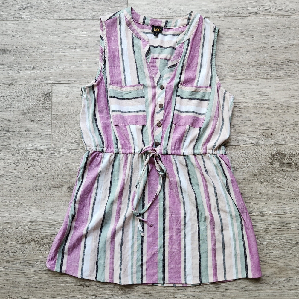Lee Striped Dress Drawstring Waist Womens Medium Purple Green Sleeveless Buttons